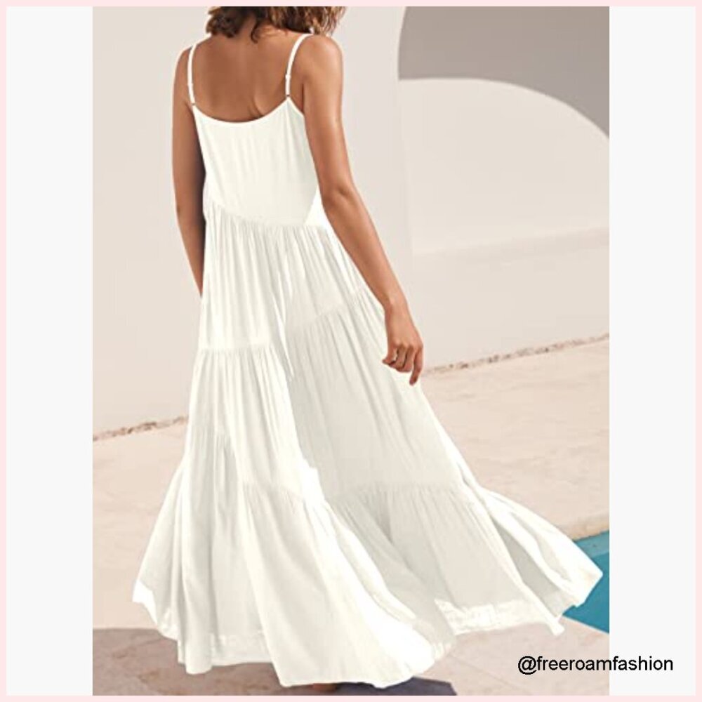 Loose Fit Maxi Dress with Adjustable Straps, Flowy Swing Hem, V-Neck - Picture 4 of 7